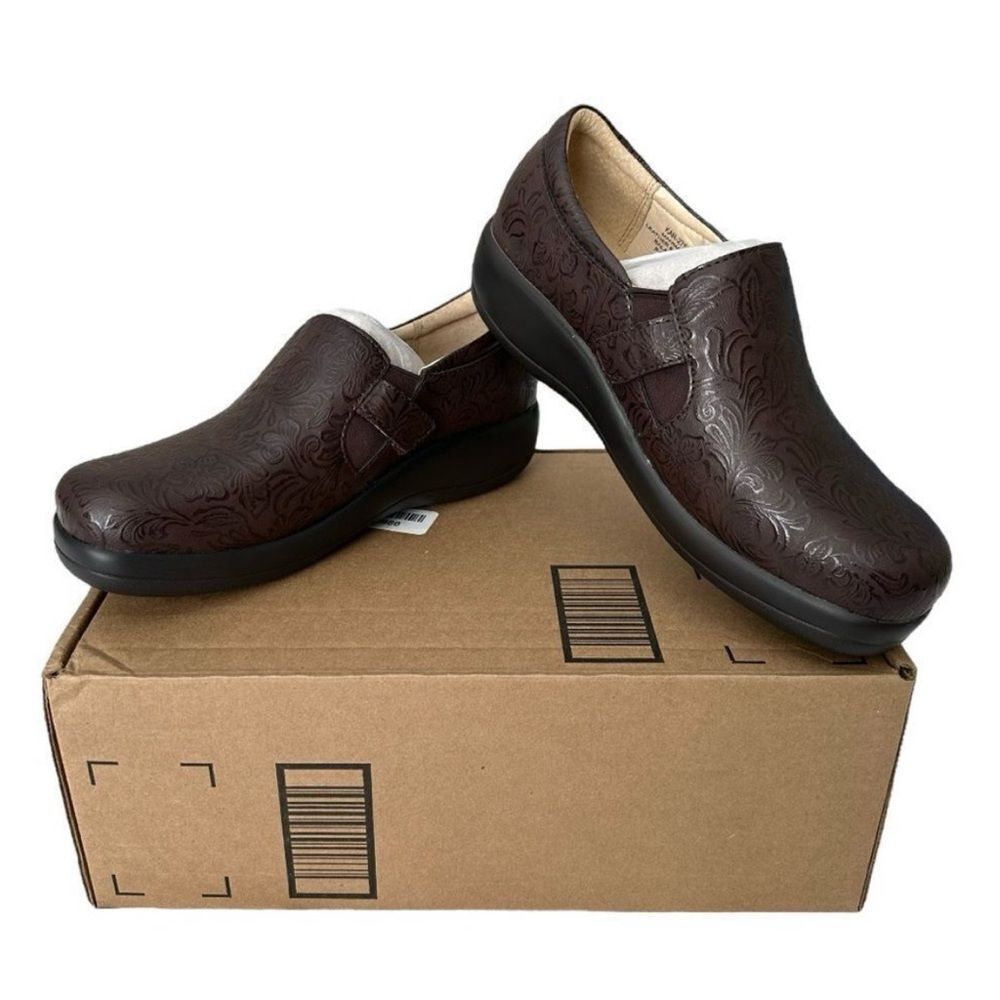 Alegria Keli Professional Clogs Flutter Choco Brown Floral Leather US 8-8.5